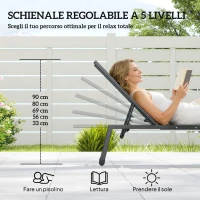 Outsunny Set 2 Lettini Prendisole Regolabili in 5 Posizioni con Tavolino Laterale e 2 Ruote, in Metallo e Poliestere, Grigio(m-5)