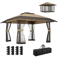 Outsunny Gazebo Pieghevole 4x4 m con 4 Zanzariere Laterali, Doppio Tetto e Sacchi di Sabbia, Cachi e Marrone(m-11)