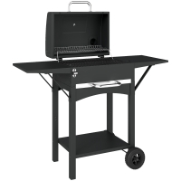 Outsunny Barbecue a Carbone con 2 Ripiani Laterali, Termometro, Coperchio e Ruote, 110x46.5x101 cm, Nero