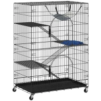 PawHut Gaiola para Gatos 4 Níveis com Amaca, Cama, Rampas e Plataformas em Metal com Rodas e Bandeja Removível, Preto(m-1)