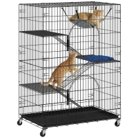 PawHut Gaiola para Gatos 4 Níveis com Amaca, Cama, Rampas e Plataformas em Metal com Rodas e Bandeja Removível, Preto(m-6)