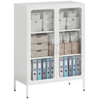 HOMCOM Mobile Portadocumenti in Acciaio con 2 Ante in Vetro e Ripiani Regolabili, 80x40x110 cm, Bianco(m-11)