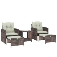 Outsunny Set da Esterno in Rattan e Acciaio 5pz con 2 Pouf, 2 Sedie e Tavolino da Caffè a 2 Livelli, Marrone e Crema(m-1)
