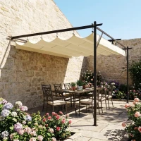 Outsunny Gazebo Pergola Addossata 3x4 m con Tetto Retrattile Scorrevole e Fori di Drenaggio, Bianco Crema(m-9)