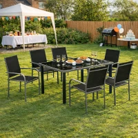 Outsunny 7 Piece Outdoor Garden Dining Set with Table and 6 Stackable Chairs, Steel Frame, Tempered Glass Top, Mesh Seats, Black(m-2)