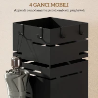 HOMCOM Portaombrelli Quadrato in Metallo con Vassoio Antigoccia Rimovibile e 4 Ganci, 15.5x15.5x49 cm, Nero(m-5)