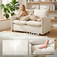 HOMCOM Divano 2 Posti Imbottito in Tessuto Effetto Pelle Traspirante, Imbottitura Spessa, 2 Cuscini, Braccioli, per Soggiorno, Crema(m-4)