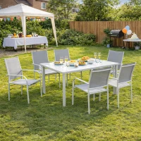 Outsunny 7 Piece Garden Dining Set, Outdoor Table and 6 Stackable Chairs, Steel Frame, Tempered Glass Top Table, Mesh Seats, Grey(m-2)