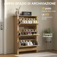 HOMCOM Scarpiera Slim per 18 Paia di Scarpe, 3 Cassetti con 2 Ripiani Regolabili e Rimovibili, 72x26x112 cm, Naturale(m-4)