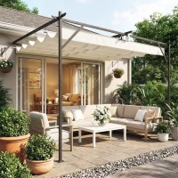 Outsunny Gazebo Pergola Addossata 3x4 m con Tetto Retrattile Scorrevole e Fori di Drenaggio, Bianco Crema(m-2)