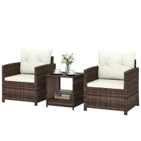 Outsunny Set da Giardino 3pz in Rattan PE e Acciaio con 2 Poltrone con Cuscini e Tavolino da Caffè, Marrone e Crema(m-10)