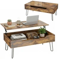 HOMCOM Rechteckiger Couchtisch aus Holz mit großem versteckten Stauraum, höhenverstellbar, 95 x 50 x 40 cm, Rustikalbraun(m-7)