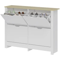 HOMCOM Smalle Schoenenkast met 4 Klapvakken voor 8–16 Paar Schoenen, 105 x 26 x 80 cm, Wit + Natuurlijk hout(m-10)