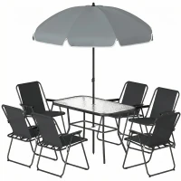 Outsunny Set da Giardino 8 pz con Ombrellone, 6 Sedie Pieghevoli e Tavolo da Esterno in Vetro Temperato, Nero(m-10)