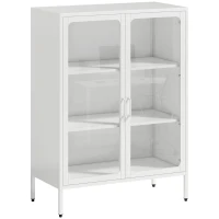 HOMCOM Mobile Portadocumenti in Acciaio con 2 Ante in Vetro e Ripiani Regolabili, 80x40x110 cm, Bianco(m-1)
