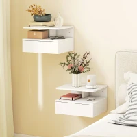 HOMCOM Set di 2 Comodini Sospesi con Cassetto e Mensola Aperta, 35x32x22.5 cm, Bianco(m-2)