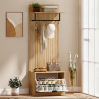 HOMCOM Mobile da Ingresso con Panca Scarpiera e Appendiabiti con 4 Ganci, 60x30x170 cm, Rovere e Bianco(m-2)