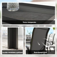 Outsunny Set da Esterno 9pz con 8 Sedie Impilabili in Texteline e Tavolino da Caffè con Piano in Vetro, Nero(m-5)
