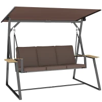 Outsunny Dondolo da Giardino 3 Posti con Tettuccio Regolabile, Dondolo da Esterno in Metallo con Vassoi Porta Bicchieri, Cuscini Imbottiti, Portata 360kg, per Terrazzo Balcone, 222x131x175 cm, Marrone(m-1)