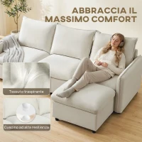 HOMCOM Divano Angolare 3 Posti Modulare in Tessuto Effetto Pelle Traspirante con Contenitore Poggiapiedi, Cuscini, Crema(m-4)