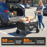 Outsunny Carrello da Giardino Pieghevole 90L con Manico Regolabile e Portabicchieri, Nero(m-4)