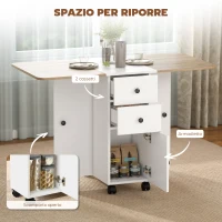 HOMCOM Tavolo Pieghevole con 2 Cassetti e Armadietto, 6 Rotelle e Freni, 120x60x76.5 cm, Bianco e Rovere(m-6)
