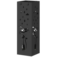 HOMCOM Portaombrelli Quadrato Stilizzato in Metallo con Vassoio Antigoccia Rimovibile e 4 Ganci, 15.5x15.5x49 cm, Nero(m-10)