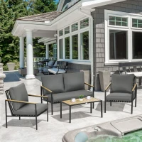 Outsunny Ensemble salon de jardin 4 pièces 4 personnes avec canapé 2 places fauteuils et table basse 8 coussins noir gris foncé(m-10)