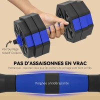 SPORTNOW Ensemble d'Haltères Musculation 6-en-1 Haltère Réglable 30 kg Kettlebell, Barre de Musculation Support pour Pompes Bleu(m-6)