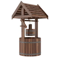 Outsunny Wood Wishing Well for Outside with Hanging Bucket, Wishing Well Planter with Drain Hole for Garden Patio, Carbonized(m-1)