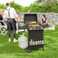 Outsunny Barbecue a Gás com 3+1 Queimadores 9,5 kW Termómetro Grelha Recolhedor de Gordura e 2 Rodas 108x54x97 cm Preto(m-9)