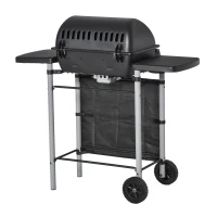 Outsunny Gratar pe gaz cu Capac si 2 Arzatoare cu o putere totala de 5,6 kW, Gratar din Otel cu Roti si Rafturi, 104x49x99cm Negru(m-14)