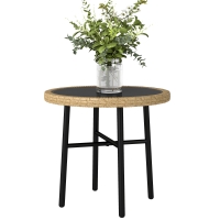 Outsunny Table Basse Ronde de Jardin, Table d'Appoint Exterieur en Résine Tressée et Plateau en Verre Trempé, 46x46x43cm, Naturel