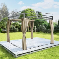 Outsunny 3 x 3 m Pergola with Retractable Roof Canopy and Curtains, UPF30+ Metal Frame Garden Pergola Gazebo Sun Shade, Khaki(m-4)