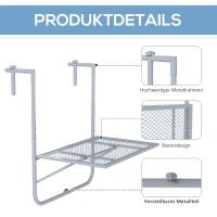 Outsunny Balkonhangtafel opklapbaar 4-voudig verstelbare hangtafel van metaal, weerbestendig balkontafel 60x40 cm Grijs(m-6)