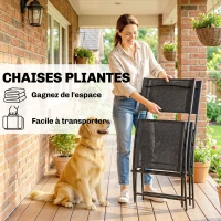 Outsunny Ensemble Bistro d'Extérieur, Mobilier de Patio 3 Pièces avec Chaises Pliantes, Table en Verre Semi-Circulaire, Noir(m-6)