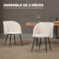 HOMCOM Lot de 2 chaises de salle à manger avec dossier en tissu effet laine boucleé pieds en acier 55 x 62 x 80 cm beige noir(m-4)