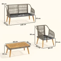 Outsunny 4 Piece Rattan Garden Furniture Set with Loveseat, Armchairs, Wood Table, Wicker Patio Conversation Set, Cream White(m-3)