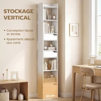 HOMCOM Bibliothèque étagère de rangement étroite, 32x24x181,5cm avec porte 2 tiroirs compartiments ouverts, blanc(m-4)