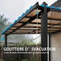 Outsunny Pergola adossée 3,8 x 3 m avec toit en polycarbonate, structure rigide en aluminium avec gouttières intégrées, gris foncé(m-7)