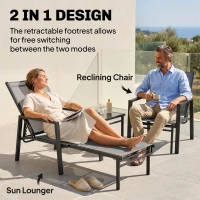 Outsunny Sun Loungers Set of 2 Retractable Footrest 5-Position Adjustable Steel Frame for Beach, Porch, Patio, Camping, Dark Grey(m-4)