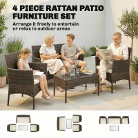 Outsunny 4 Piece Rattan Garden Furniture Sofa Set with Loveseat, Armchairs, Glass-Top Coffee Table and Cushions, Brown(m-4)