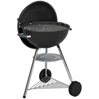 Outsunny barbacoa portátil de carbón, parrilla exterior redonda con tapa, termómetro, ruedas, negro.(m-1)