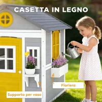 Outsunny Casetta da Giardino in Legno per Bambini 3-8 Anni con Finestre, Tetto Inclinato, Vasi e Fioriere, Grigio(m-4)