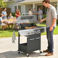 Outsunny Barbecue a Gás com 4 Queimadores 44000 BTU Rodas Grelha de Aquecimento Termómetro 129x55x117 cm Preto e Prata(m-10)