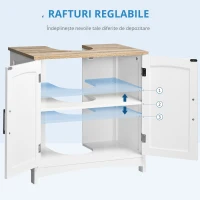 kleankin Dulap Sub Lavoar Baie cu 2 Uși și Raft Reglabil Alb și Lemn(m-6)