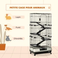 PawHut Cage pour lapin enclos à 5 niveaux avec 3 portes 5 rampes plateau amovible roulettes 81 x 52,5 x 159 cm noir et gris(m-6)