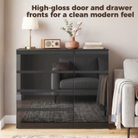 HOMCOM Nowoczesny Kredens, Szafka z 5 Szufladami, Regulowaną Półką, Drzwi Soft-Close, Czarny Wysoki Połysk(m-4)