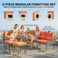 Outsunny 6 Piece Rattan Garden Furniture Set, 8 Seater Garden Corner Sofa with Cushions and Glass Top Table, Orange(m-4)