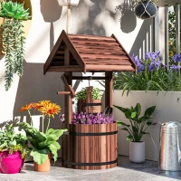Outsunny Wood Wishing Well for Outside with Hanging Bucket, Wishing Well Planter with Drain Hole for Garden Patio, Carbonized(m-8)